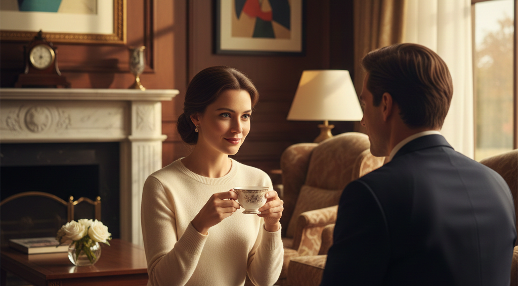 Mulher elegante com um suéter de cashmere creme, sentada de frente para um homem de terno em um ambiente de lounge luxuoso, segurando uma xícara de porcelana fina, mantendo um olhar sereno e um sorriso leve enquanto conversam, iluminação suave de final de tarde.