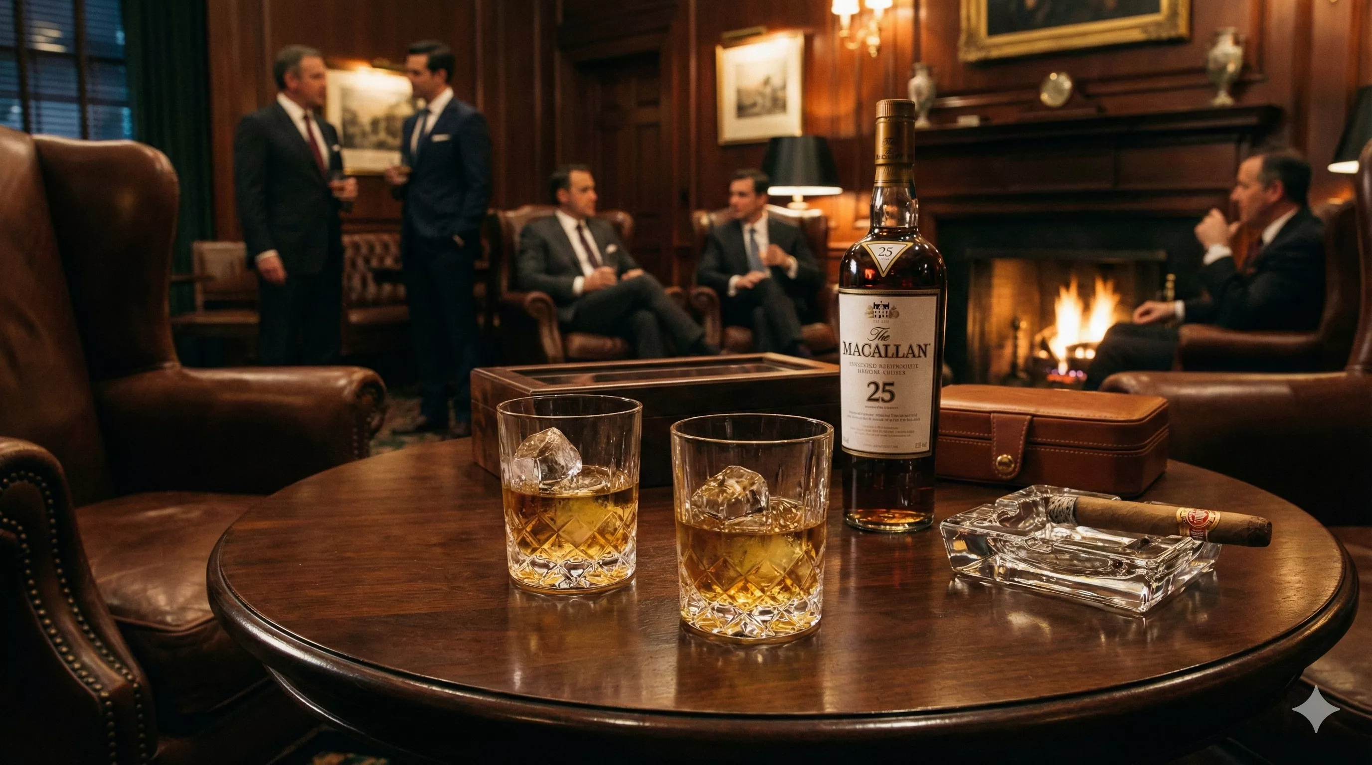 Dois copos de whisky sobre uma mesa de madeira escura em um ambiente de clube privado, sugerindo uma conversa séria e sofisticada