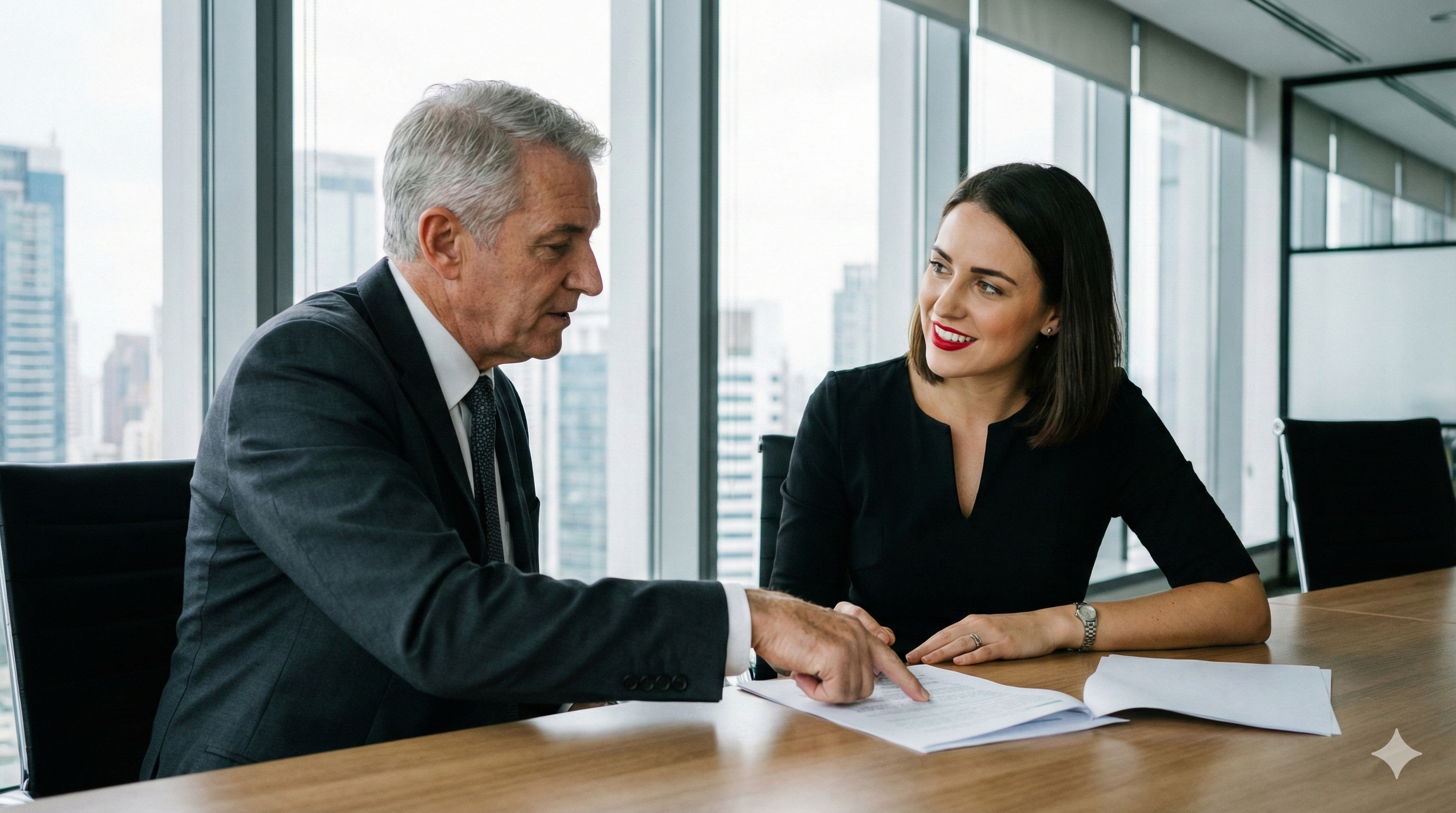 Homem maduro em escritório apontando para documentos e orientando mulher jovem e atenta, simbolizando mentoria executiva