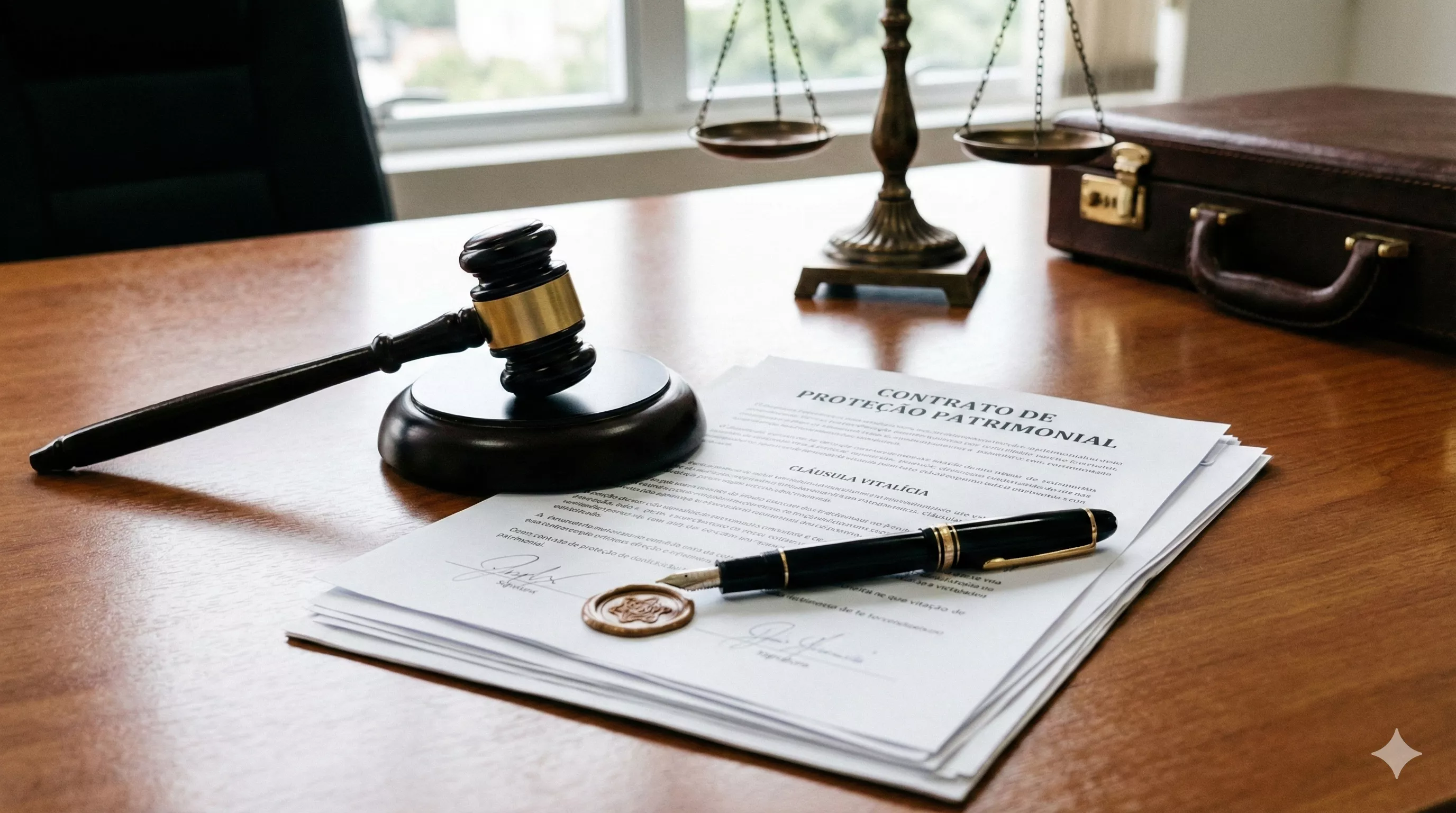 Martelo da justiça sobre documentos de contrato e uma caneta de luxo, simbolizando proteção jurídica patrimonial
