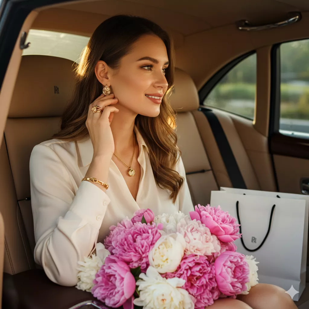 Mulher elegante desfrutando do conforto de um carro de luxo, representando o sucesso e a provisão encontrados no bebaby.
