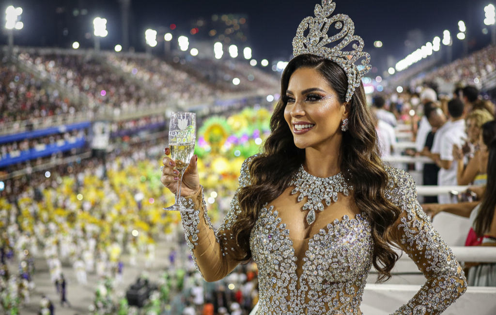 Mulher deslumbrante usando um body de cristais feito sob medida e um adereço de cabeça sofisticado, sorrindo em um camarote VIP luxuoso com vista para o desfile das escolas de samba do Rio de Janeiro, segurando uma taça de champanhe personalizada, fotorrealismo cinematográfico.