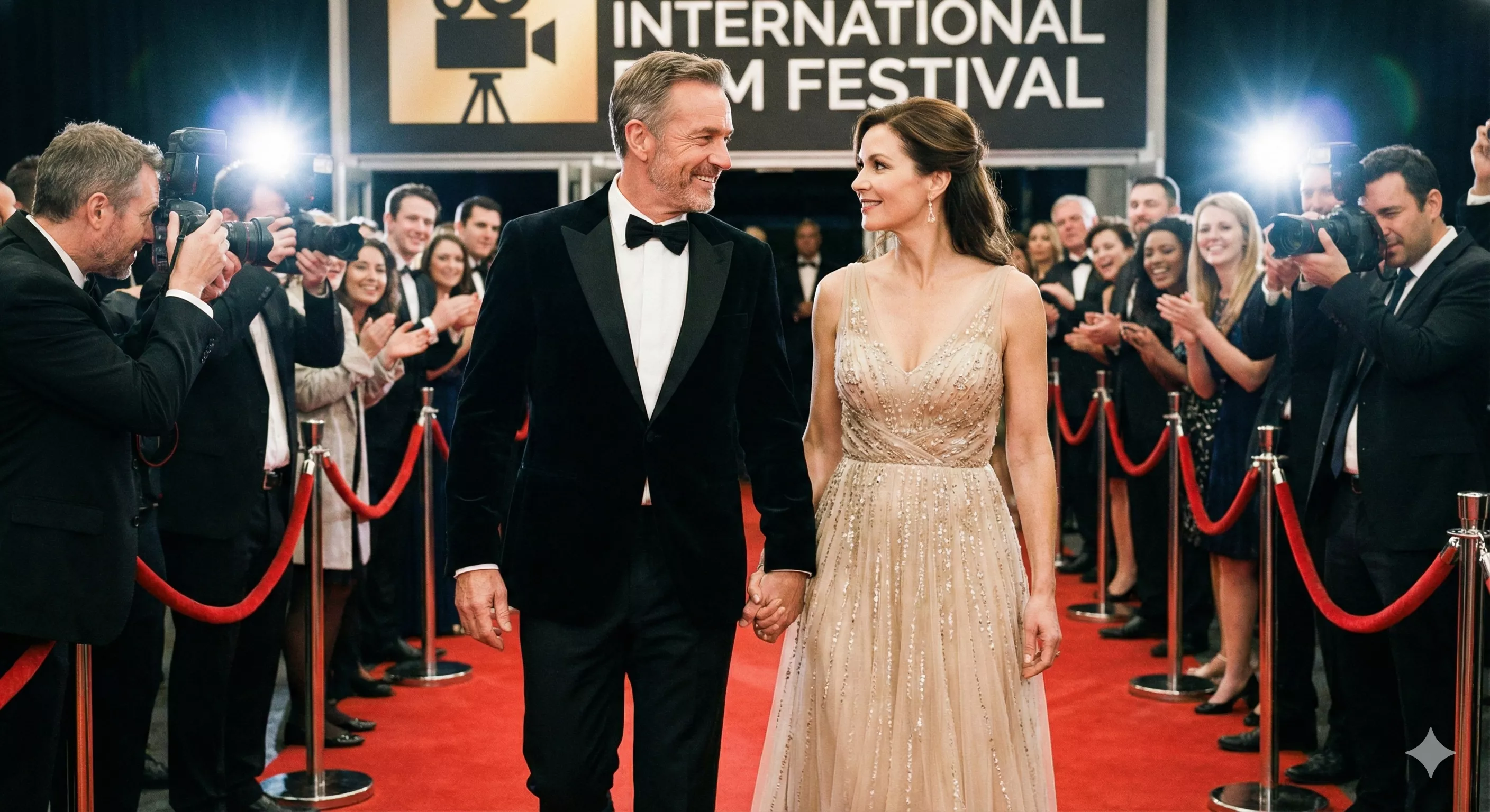 George e Amal Clooney caminhando em um tapete vermelho, trocando olhares de admiração, representando elegância e parceria em casais com diferença de idade