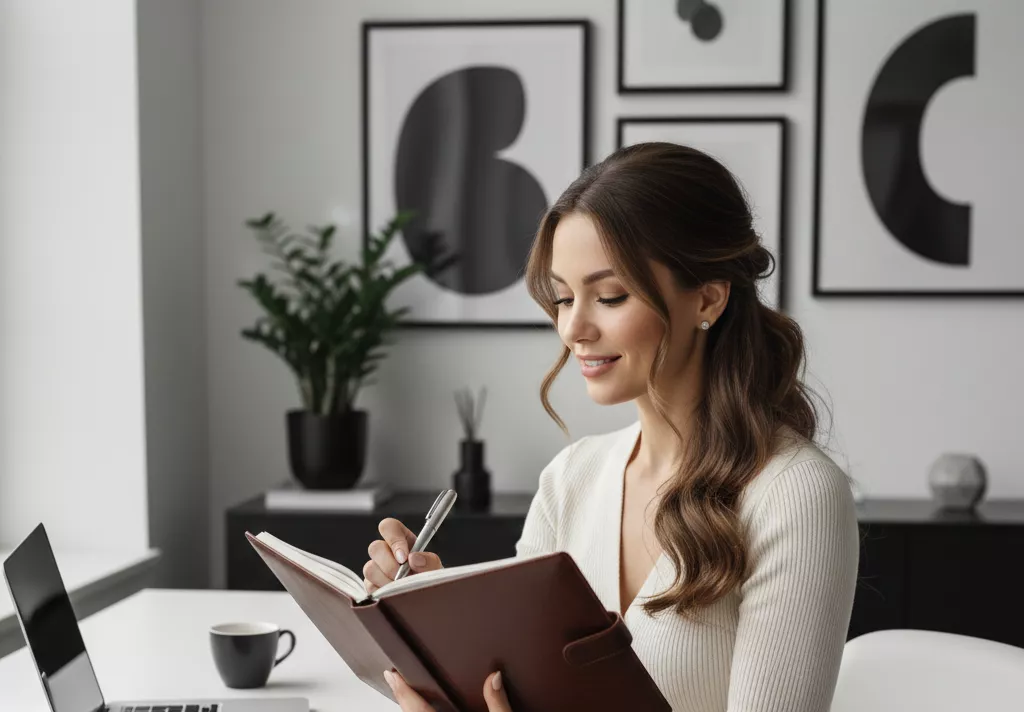Mulher elegante e organizada, segurando uma agenda de couro premium e uma caneta de luxo, sentada em um escritório moderno com decoração Minimalista Chic, marcando itens em seu checklist com um sorriso de satisfação e foco, fotorrealismo de alto padrão.
