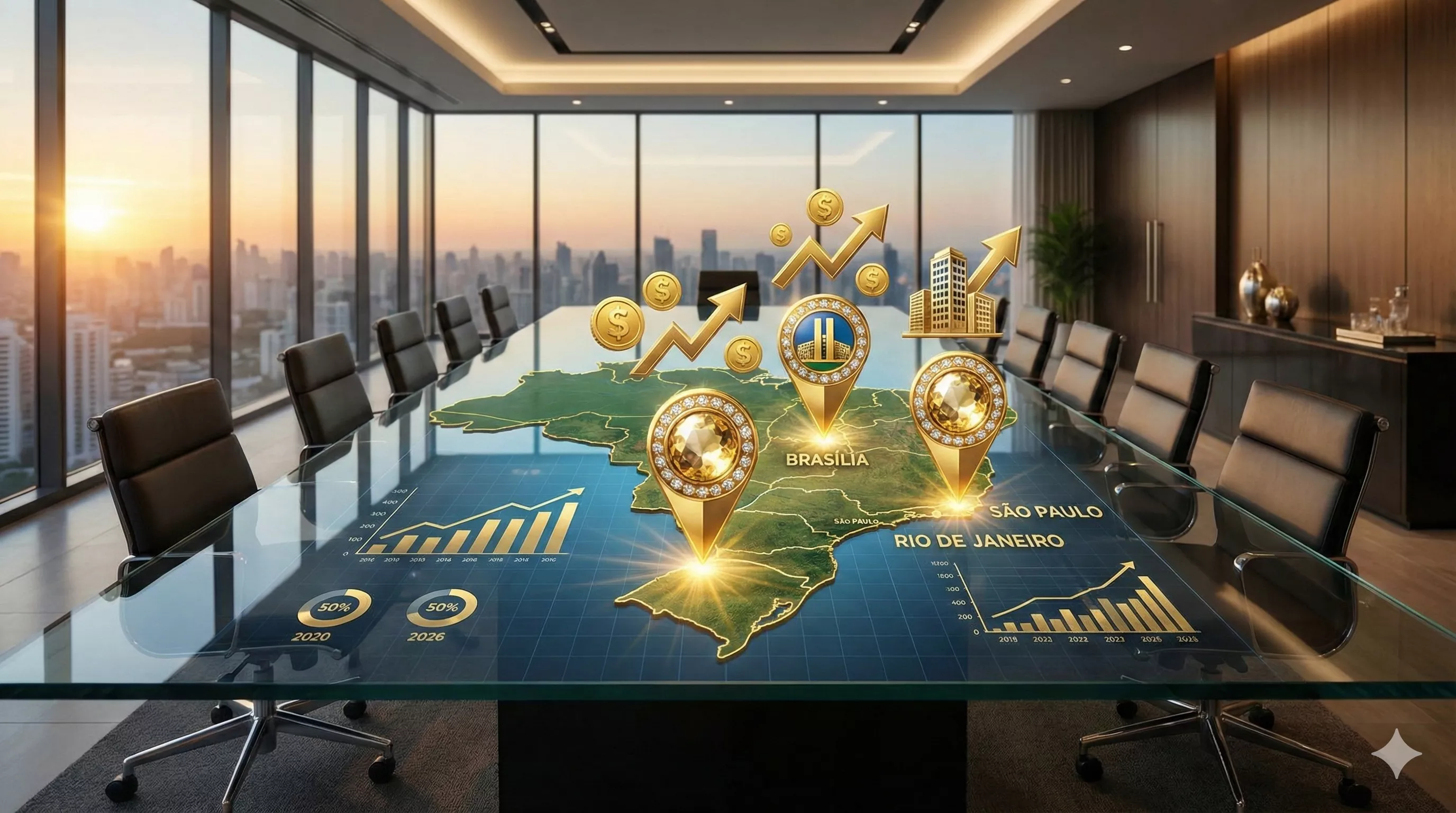 Mapa do Brasil digital sobre uma mesa de vidro, com pinos dourados destacando São Paulo, Rio e Brasília, simbolizando riqueza e oportunidades