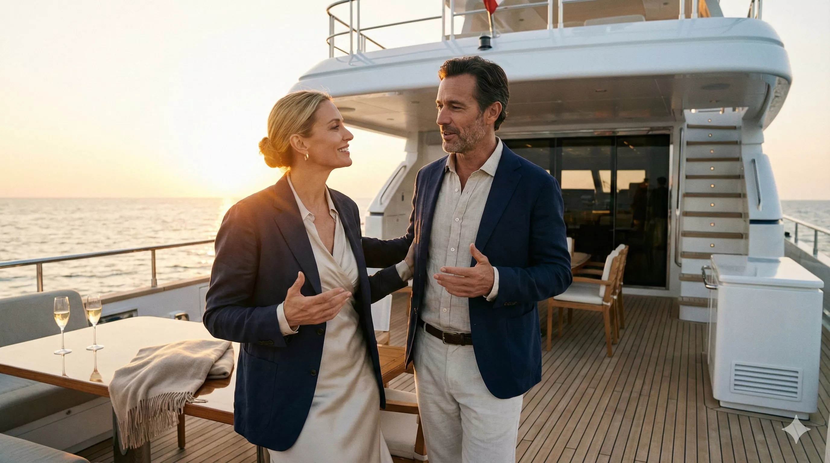 Casal elegante em um momento de cumplicidade em um iate ao pôr do sol, a mulher ouve atentamente o homem com um sorriso de admiração, transmitindo conexão e respeito mútuo