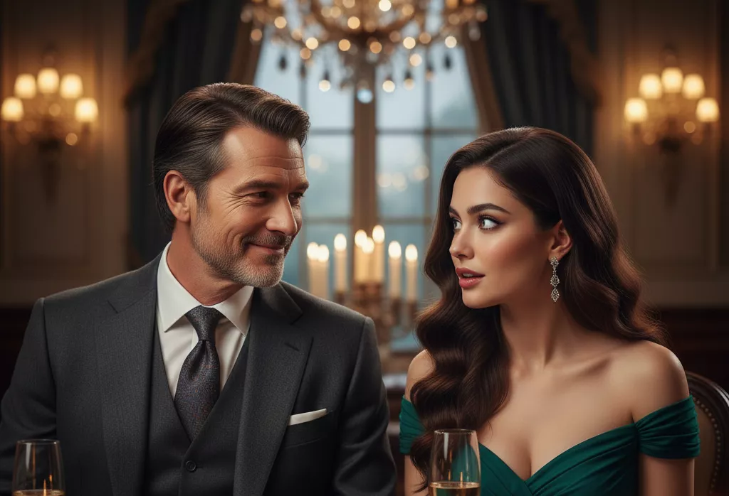 Homem maduro com traços comuns, mas extremamente elegante em um terno sob medida, sorrindo com confiança enquanto uma bela mulher jovem o olha com profunda admiração em um jantar de luxo.