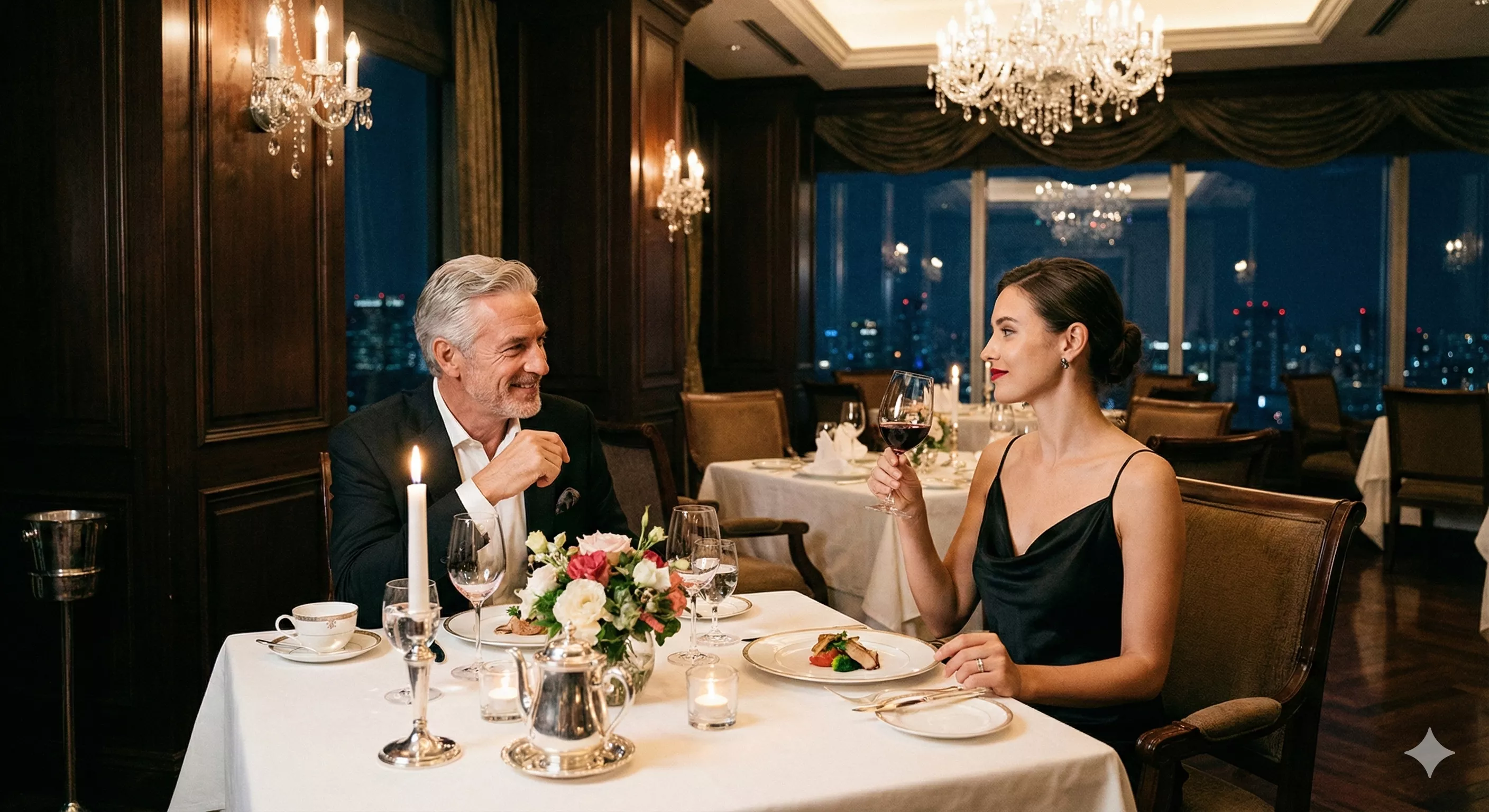 Casal elegante em um jantar à luz de velas em restaurante sofisticado, o homem maduro sorri encantado enquanto a mulher jovem segura uma taça de vinho com postura confiante