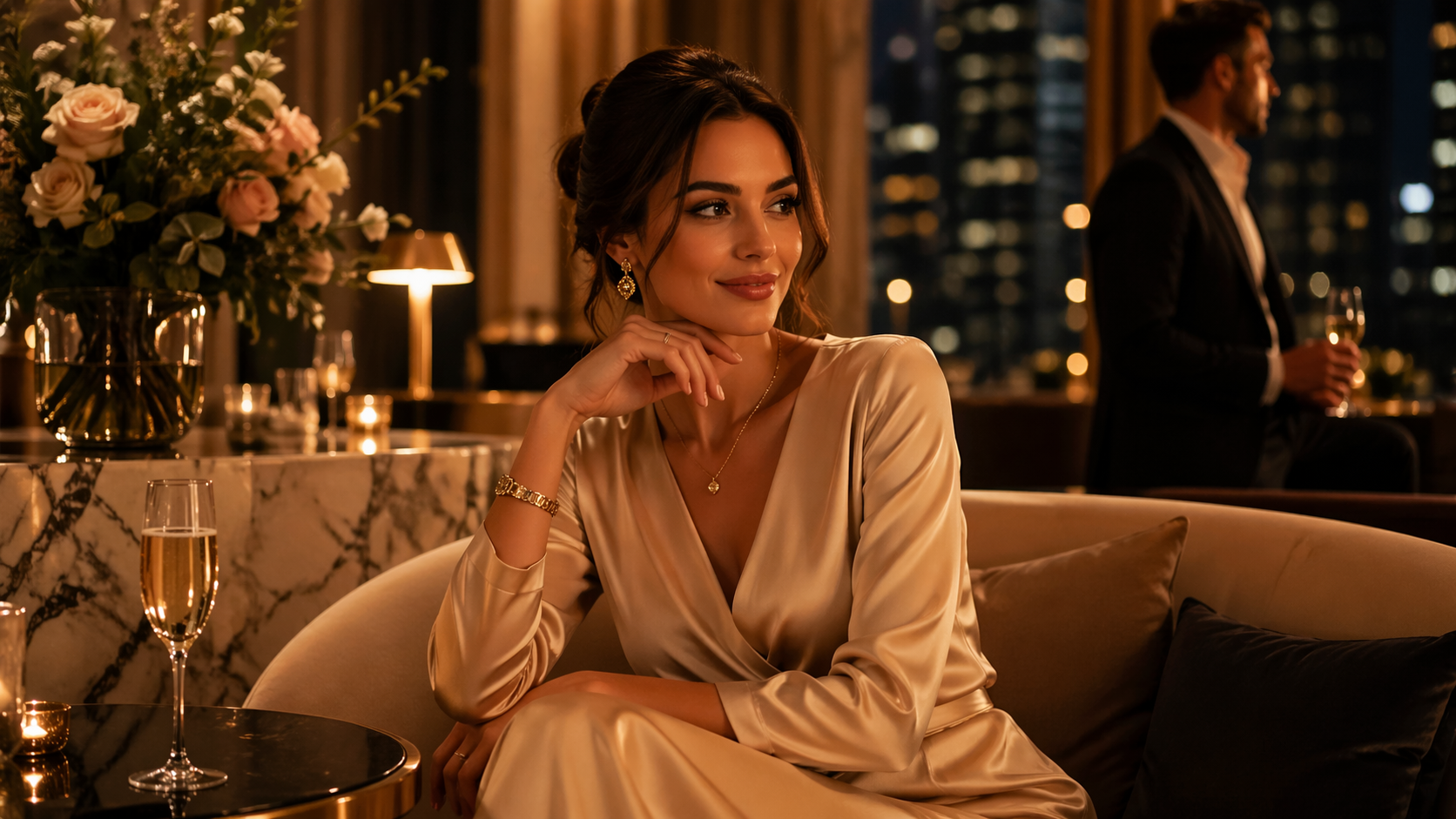 Mulher elegante em ambiente sofisticado representando alta presença, feminilidade e conexão com homem bem-sucedido