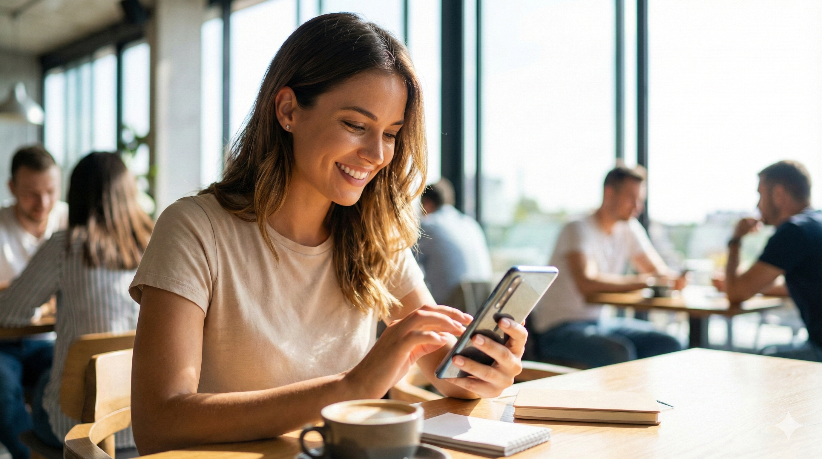 Mulher jovem e radiante em um café bem iluminado, sorrindo enquanto digita em seu smartphone de última geração, editando seu perfil com foco e entusiasmo