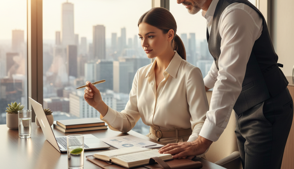 Sugar Baby e Sugar Daddy organizando finanças em um escritório de luxo, transmitindo segurança, transparência e estabilidade financeira no bebaby.