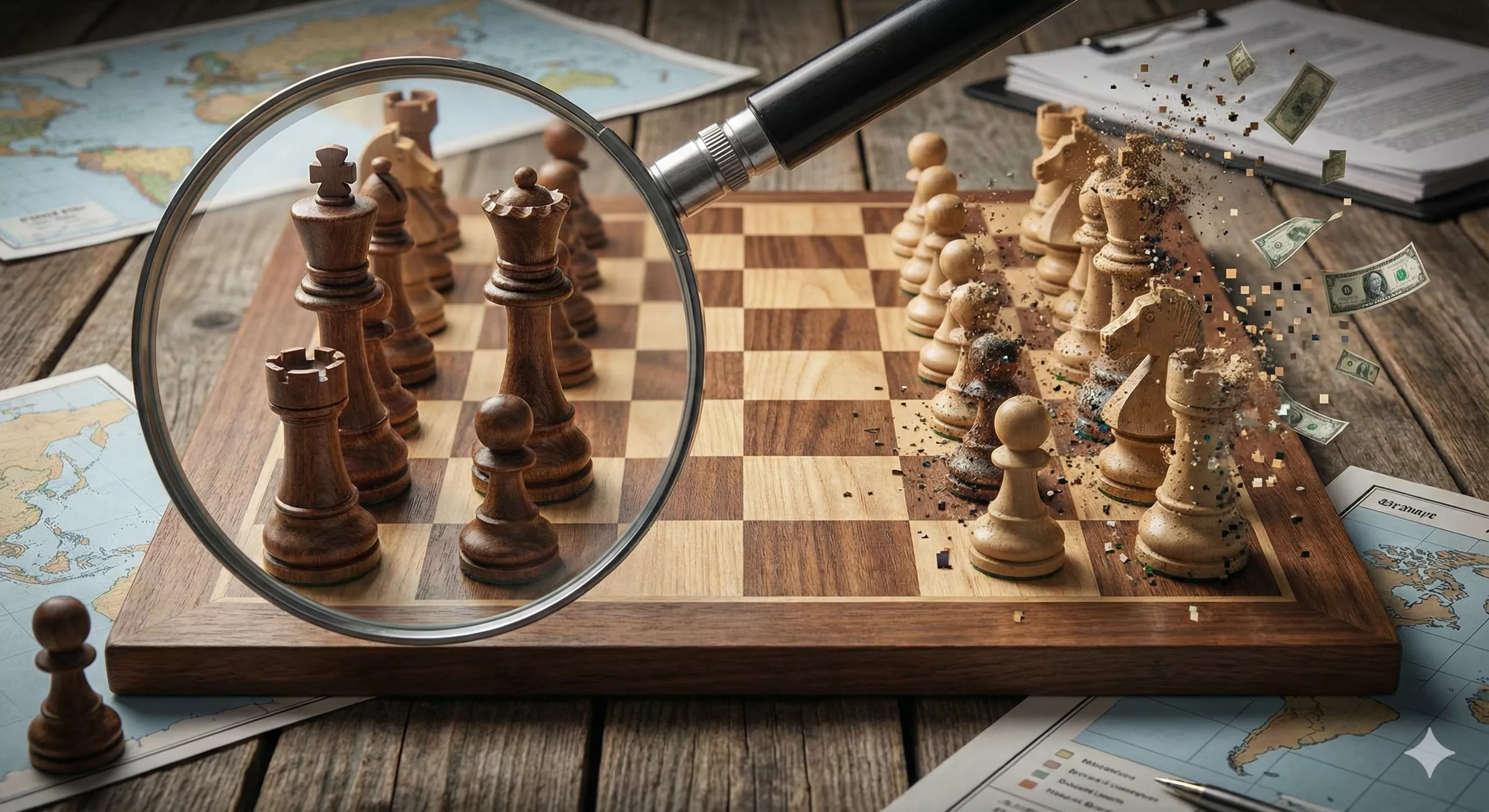 Lupa focando em peças de xadrez, separando as peças reais das falsas, sobre uma mesa de madeira, simbolizando análise e estratégia