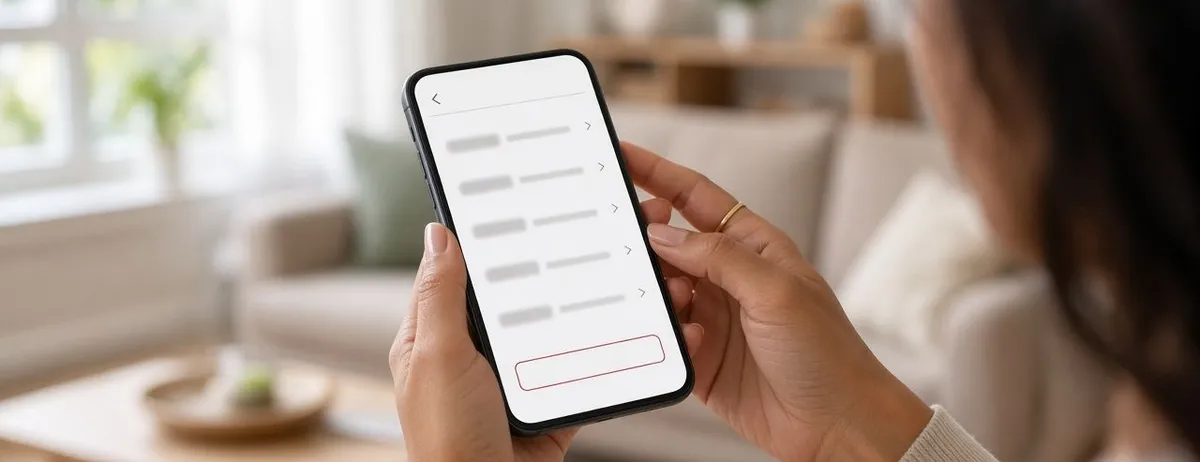 Mulher segurando o celular na tela de configurações de conta de um aplicativo