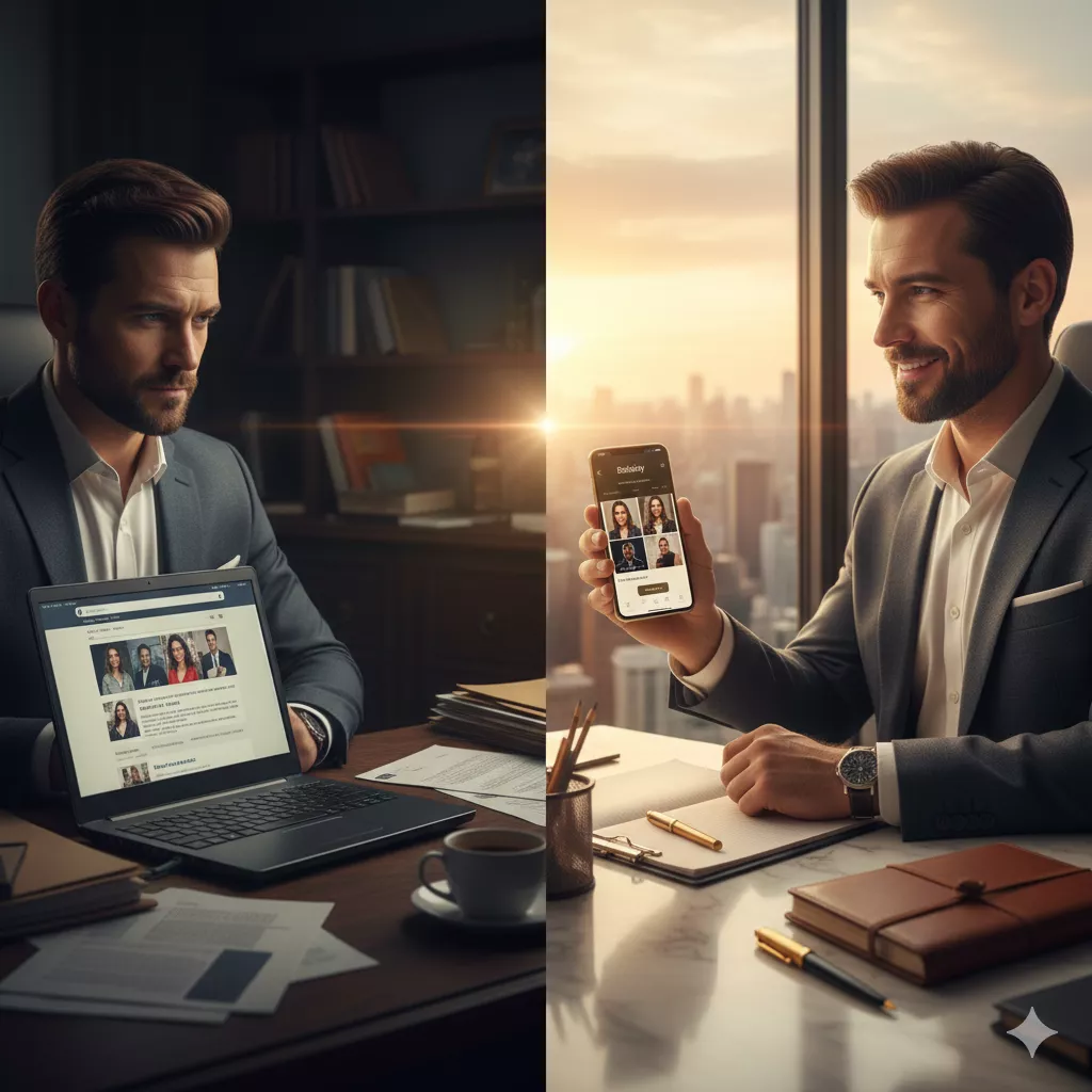 Homem de negócios fechando um notebook antigo e abrindo um smartphone moderno com a interface da Bebaby, simbolizando a migração de plataforma.