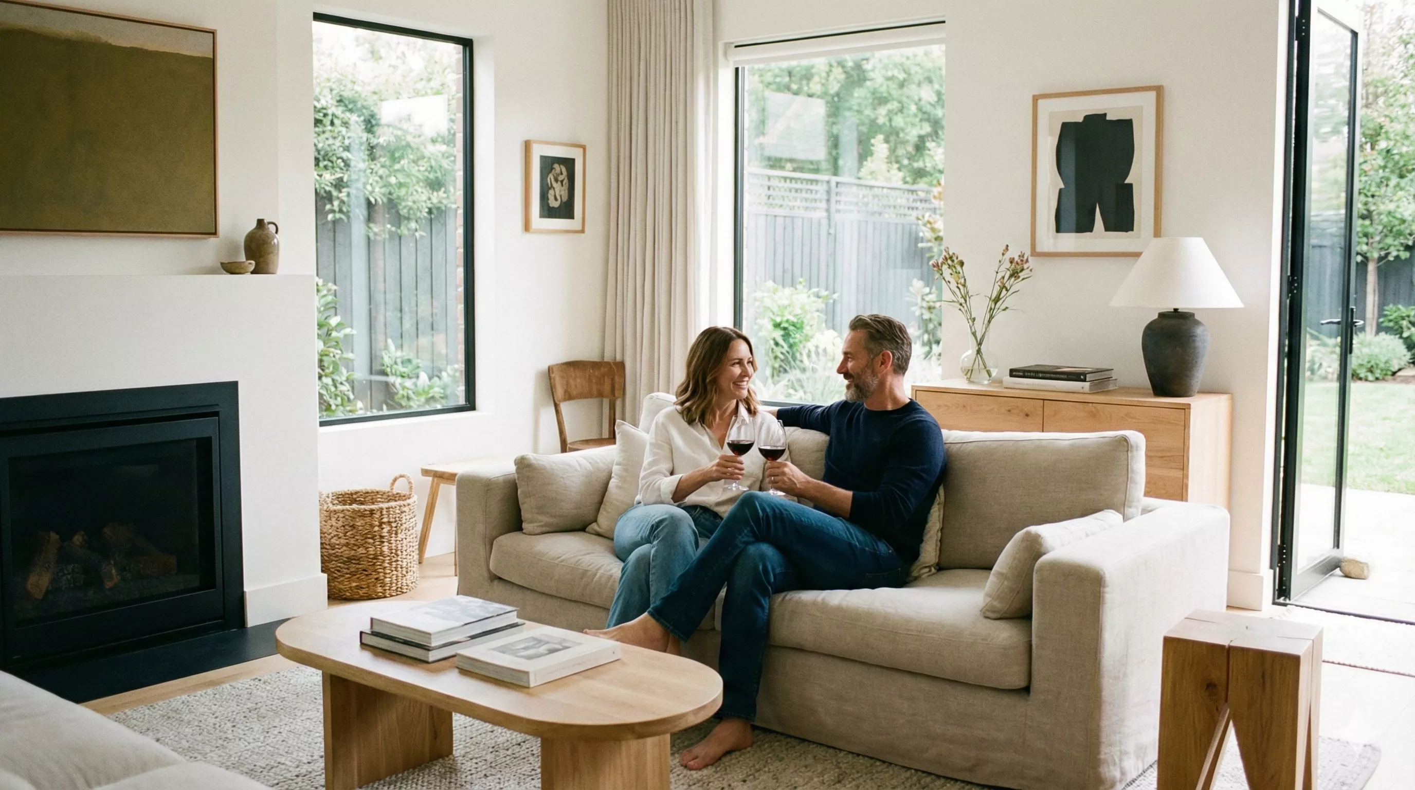 Casal elegante sentado em um sofá confortável em uma sala de estar moderna, conversando com sorrisos tranquilos e taças de vinho nas mãos, demonstrando sintonia e comunicação aberta