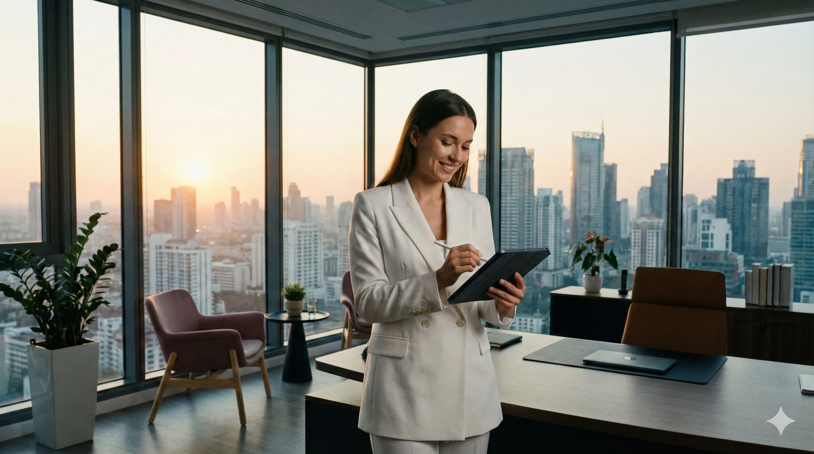 Mulher jovem e confiante em um escritório moderno com vista para a cidade, analisando gráficos em um tablet enquanto segura uma caneta elegante, vestindo um blazer branco impecável que transmite profissionalismo e sucesso