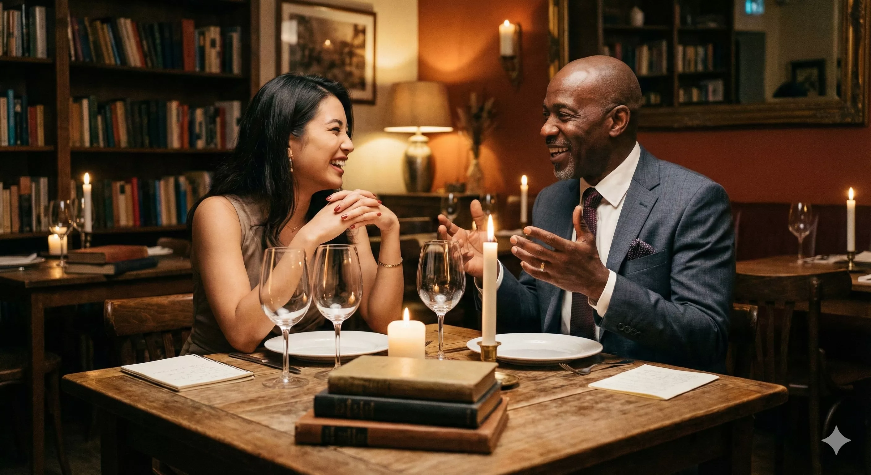 Casal conversando animadamente em um jantar à luz de velas, com taças de vinho, demonstrando conexão intelectual