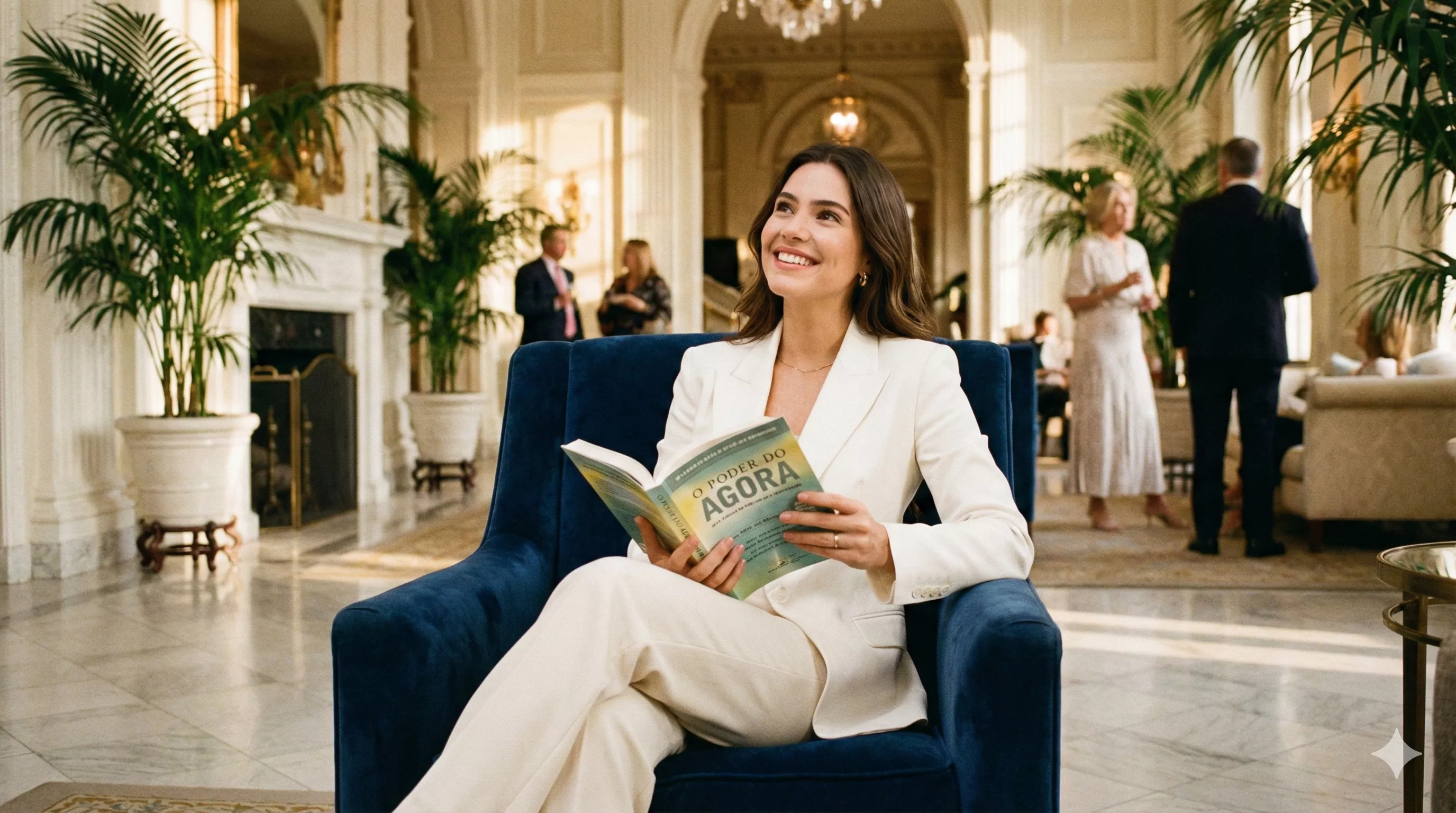 Mulher jovem e sofisticada vestindo um blazer branco, sentada em uma poltrona de veludo em um lobby de hotel de luxo, lendo um livro e sorrindo com confiança