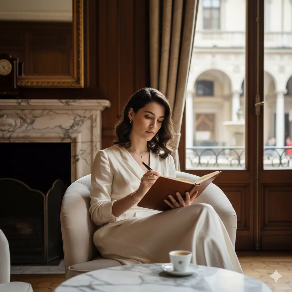 Mulher sofisticada representando a Smart Baby de elite na Bebaby, focada em desenvolvimento pessoal e luxo silencioso para o mercado Lussu.
