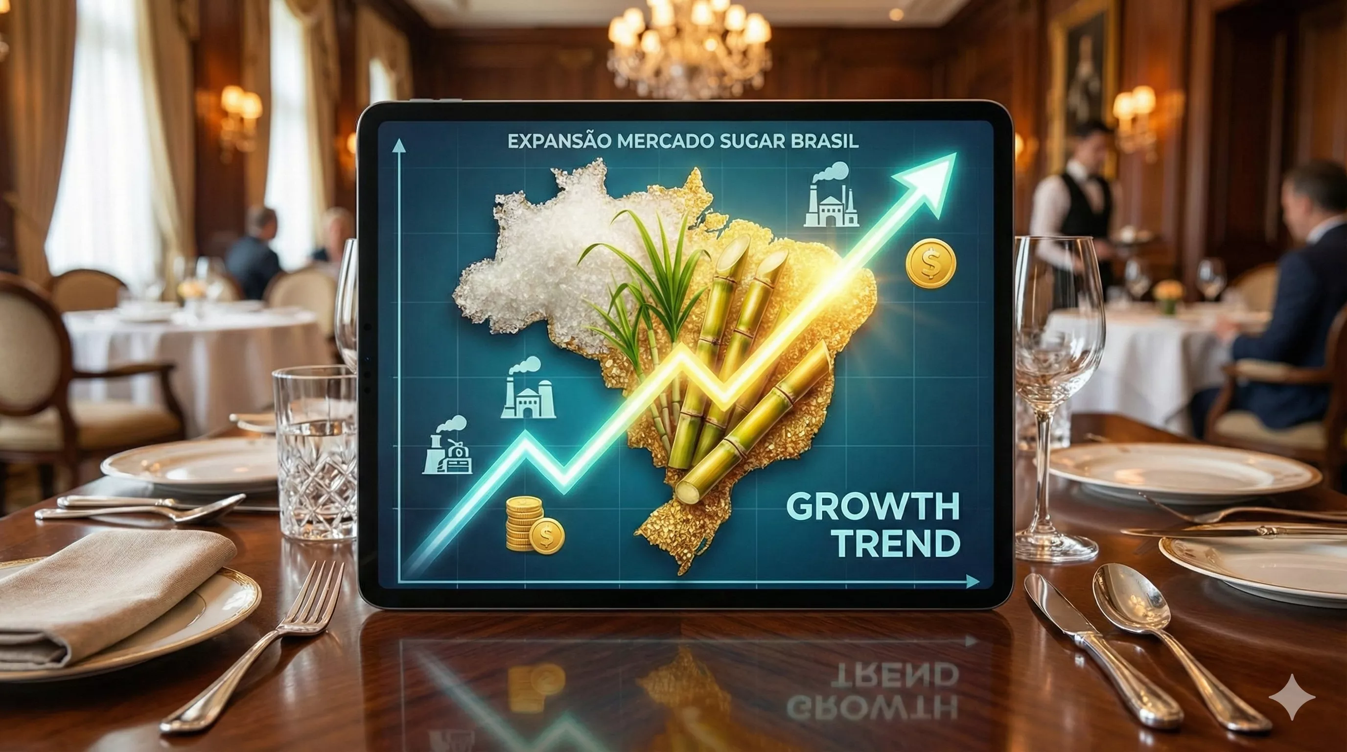 Gráfico digital em tablet mostrando linha de crescimento ascendente sobre um mapa do Brasil estilizado, simbolizando a expansão do mercado Sugar