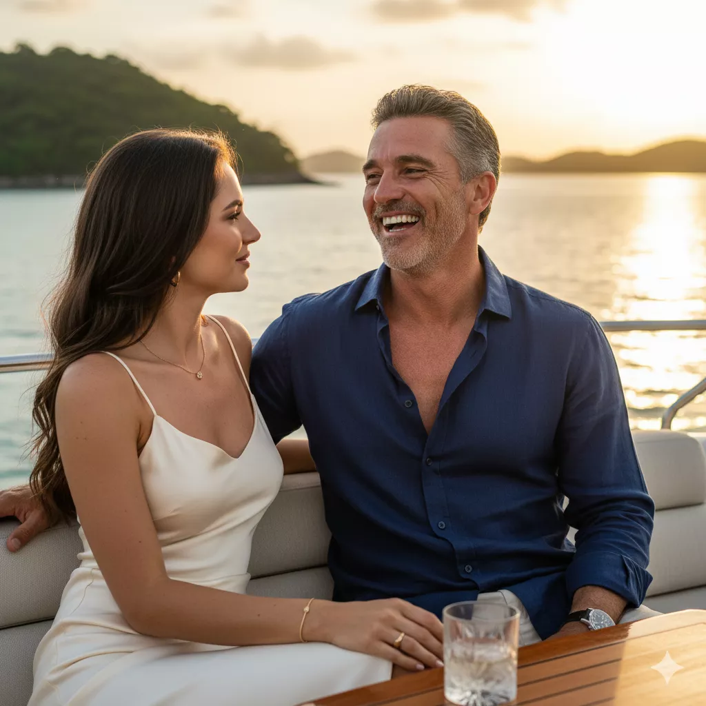 Homem maduro de sucesso desfrutando de momentos de vitalidade e lazer em um iate, simbolizando o rejuvenescimento através do bebaby.