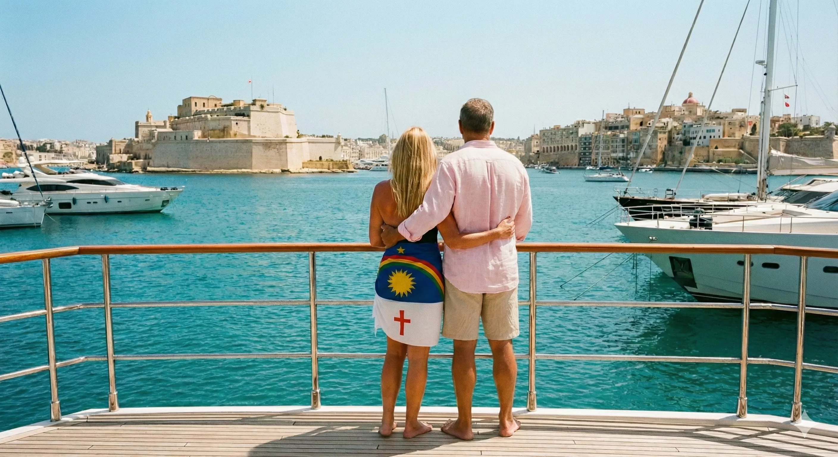 Casal brindando com champanhe em um iate privado com mar azul ao fundo, representando viagem de luxo