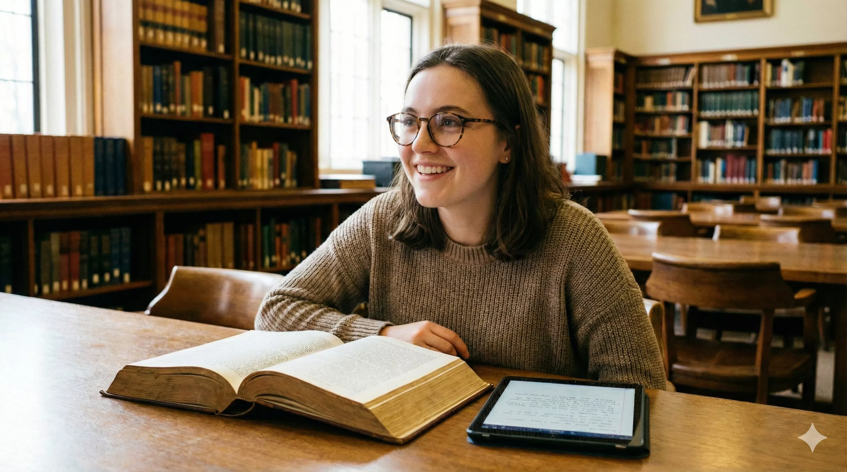 Mulher jovem e intelectual usando óculos de grau estilosos, sentada em uma biblioteca clássica com um livro aberto e um tablet, sorrindo com expressão de descoberta e inteligência