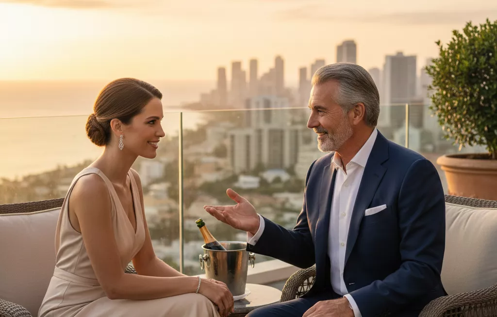 Casal elegante com diferença de idade, um homem maduro de cabelos grisalhos e terno impecável conversando e sorrindo com uma mulher jovem e sofisticada em um terraço de luxo, ambos demonstrando sintonia e respeito mútuo