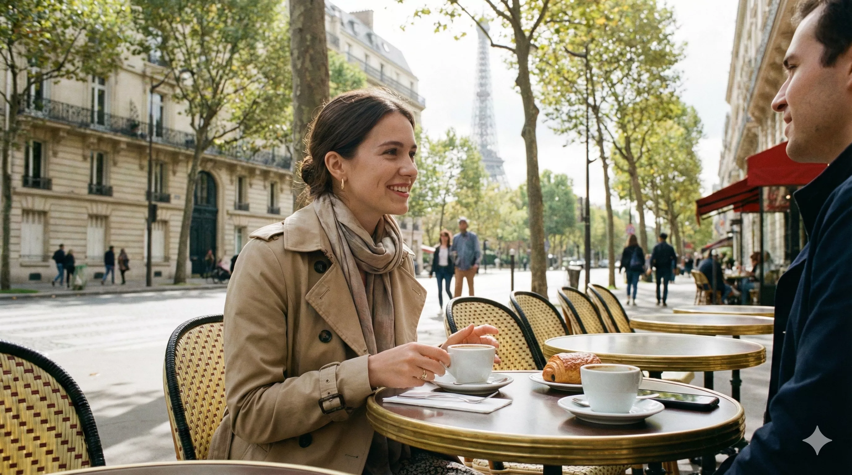 ulher jovem e elegante sentada em um café parisiense, sorrindo docemente enquanto conversa, transmitindo uma aura de romance e tranquilidade
