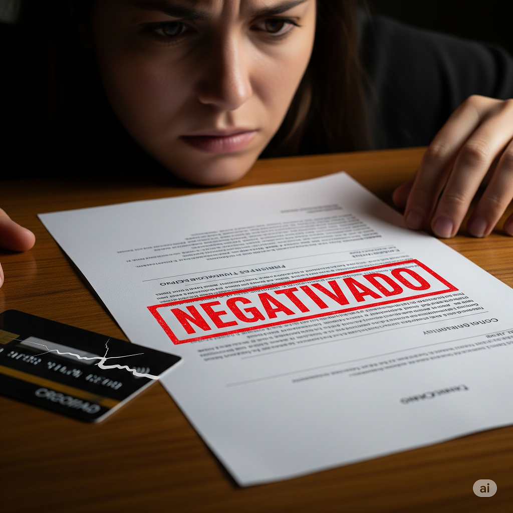 Mulher preocupada olhando documento com carimbo "negativado" e cartão de crédito quebrado, ilustrando os efeitos financeiros de brigas no relacionamento