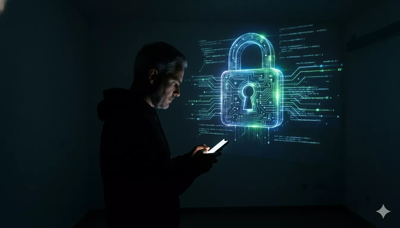 Homem em silhueta usando smartphone em ambiente escuro, com cadeado digital holográfico ao fundo, simbolizando criptografia e privacidade