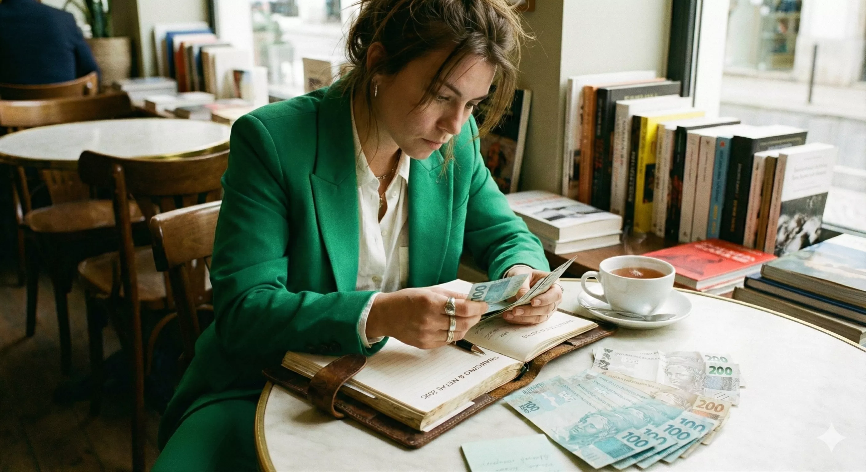 Mulher elegante escrevendo em uma agenda de couro com uma xícara de chá ao lado, simbolizando planejamento financeiro e organização