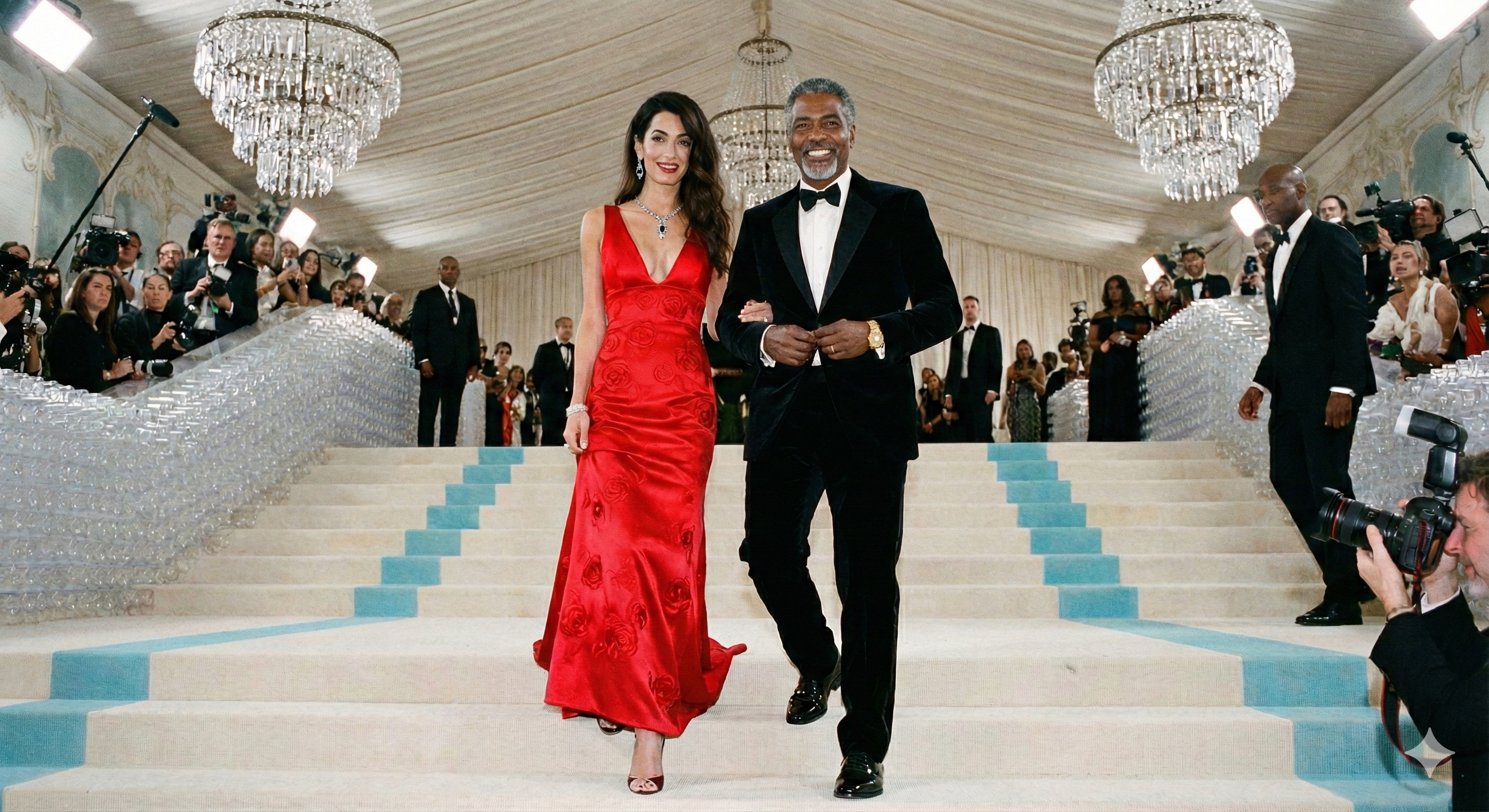 Casal elegante descendo uma escadaria em um evento de gala, ela com vestido longo e ele de smoking, sob luzes de lustres