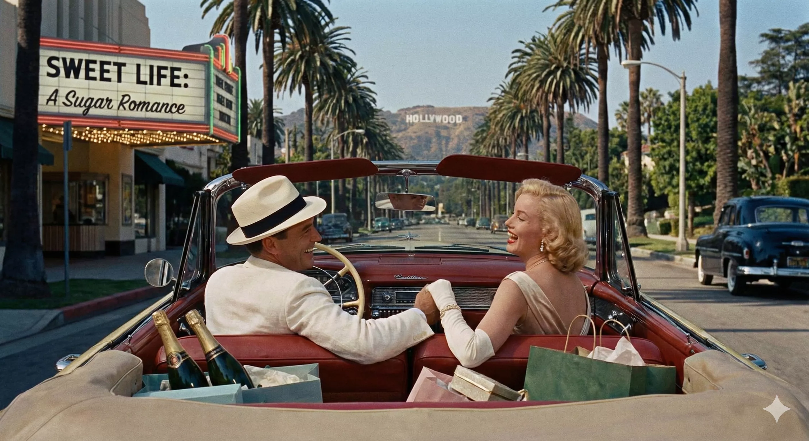 ena clássica de cinema com casal elegante em um conversível vintage, estilo Hollywood, representando a romantização do estilo de vida Sugar