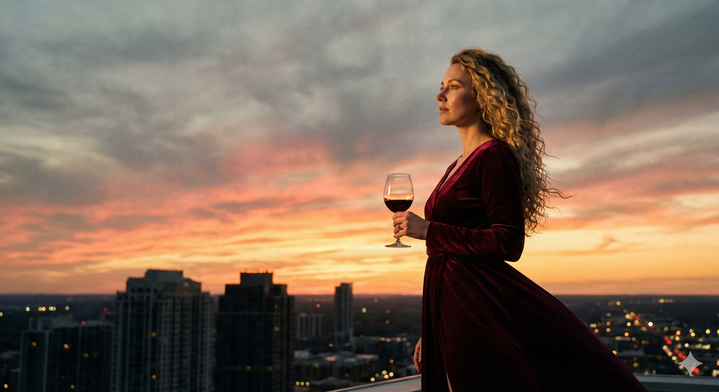Mulher olhando pensativa para o horizonte com uma taça de vinho, refletindo sobre suas escolhas e futuro