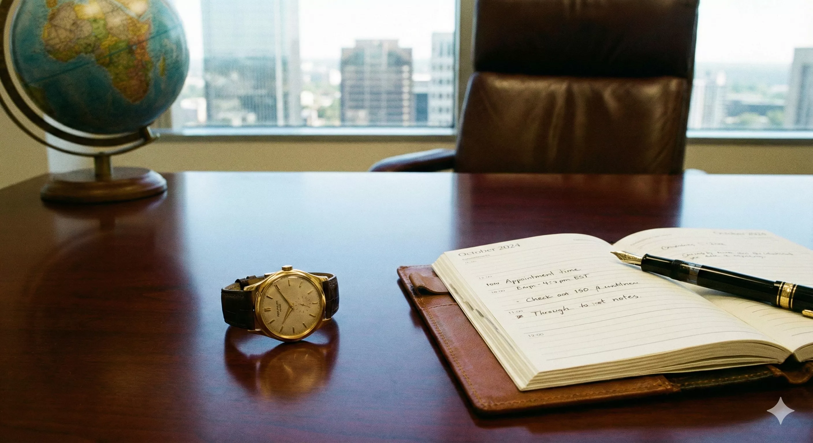 Relógio de luxo (Patek Philippe ou Rolex) sobre mesa de escritório com agenda aberta e caneta tinteiro, simbolizando gestão de tempo de alto nível