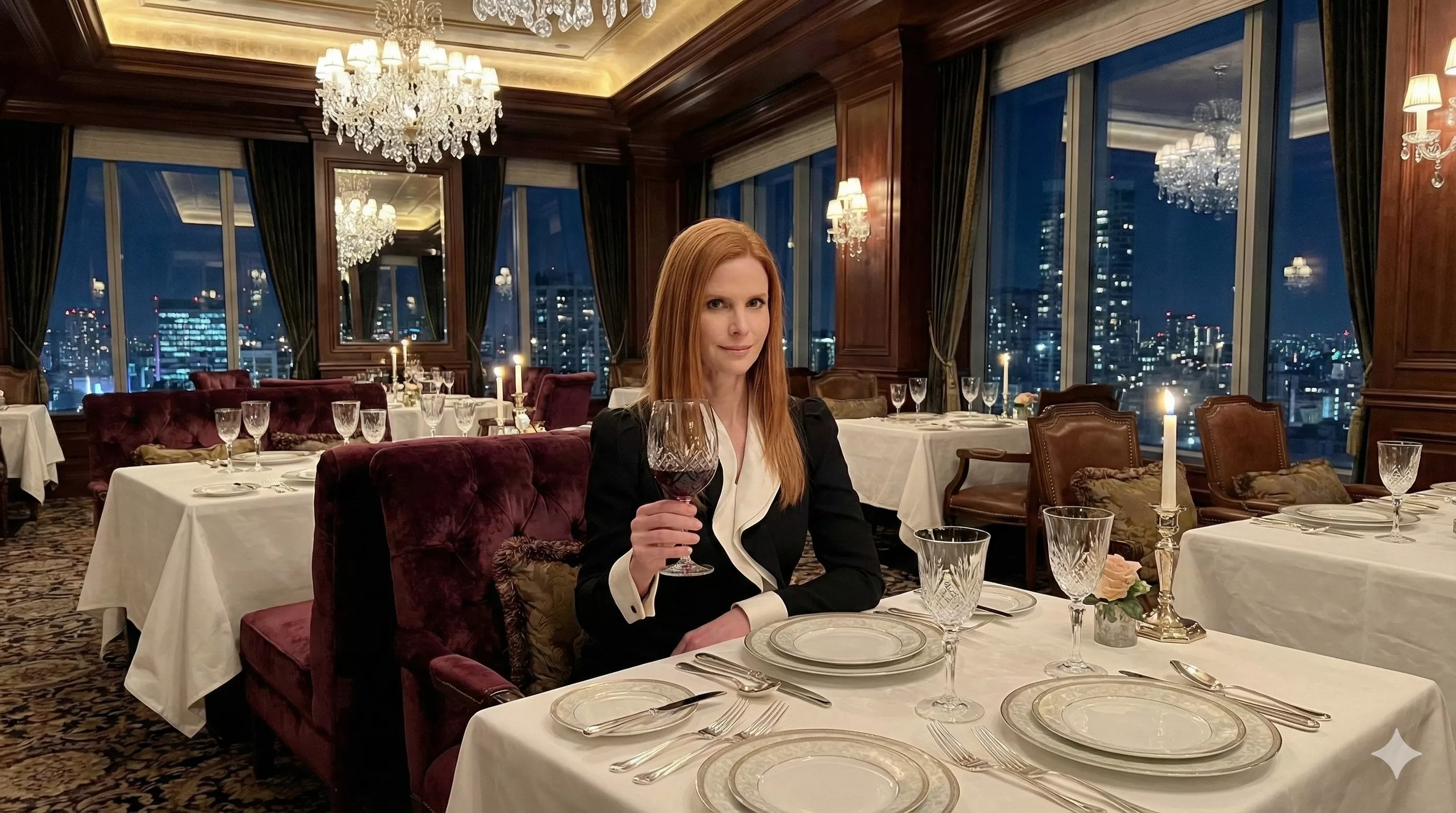 Mulher elegante segurando corretamente uma taça de vinho tinto pelo haste, em um restaurante sofisticado