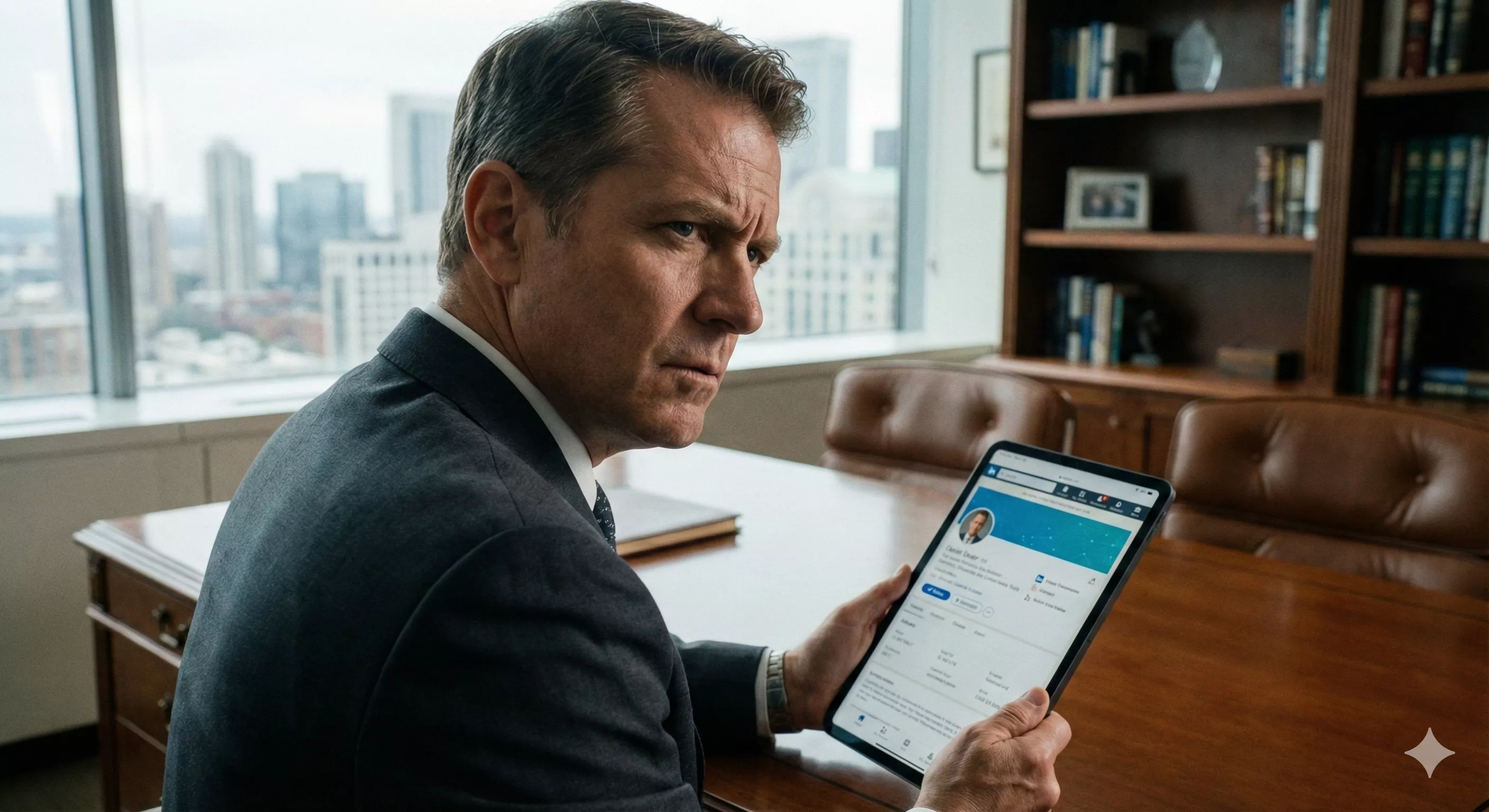 Homem de negócios analisando perfil em tablet com expressão séria e atenta, em ambiente de escritório executivo