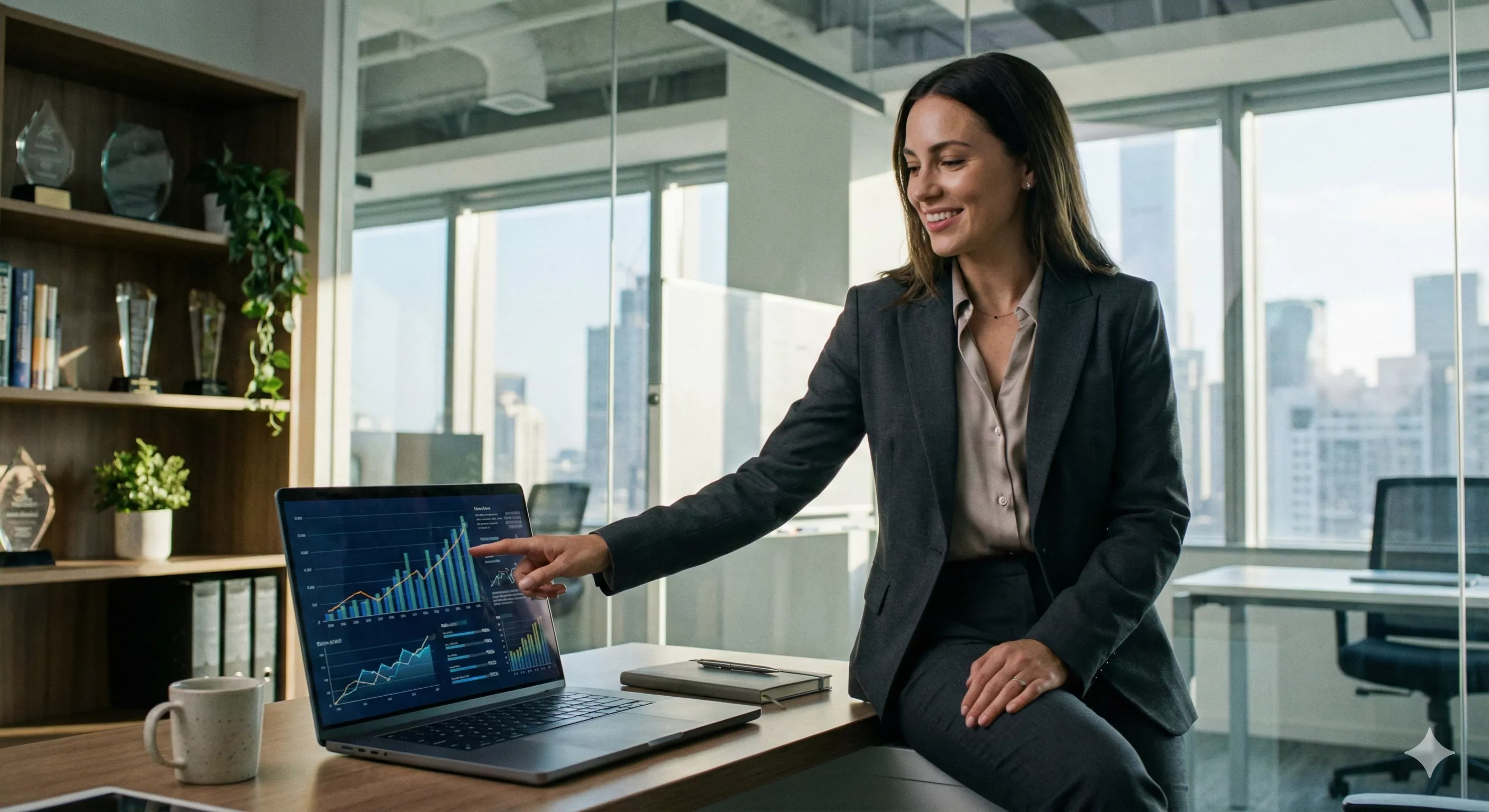 Mulher jovem em escritório moderno analisando gráficos em um laptop, vestida de forma executiva, simbolizando sucesso profissional