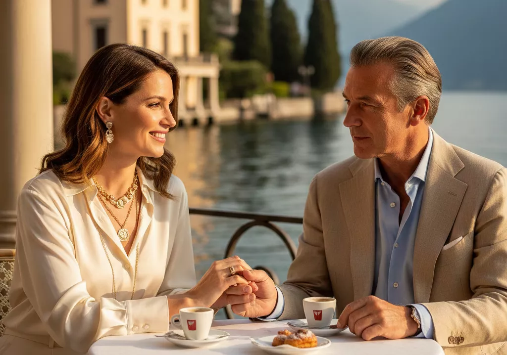Um detalhe em close-up, como as mãos do casal com relógios de luxo (Patek Philippe ou Cartier) segurando uma taça de vinho cristalina, com o logotipo do Lussu aplicado discretamente no canto.
