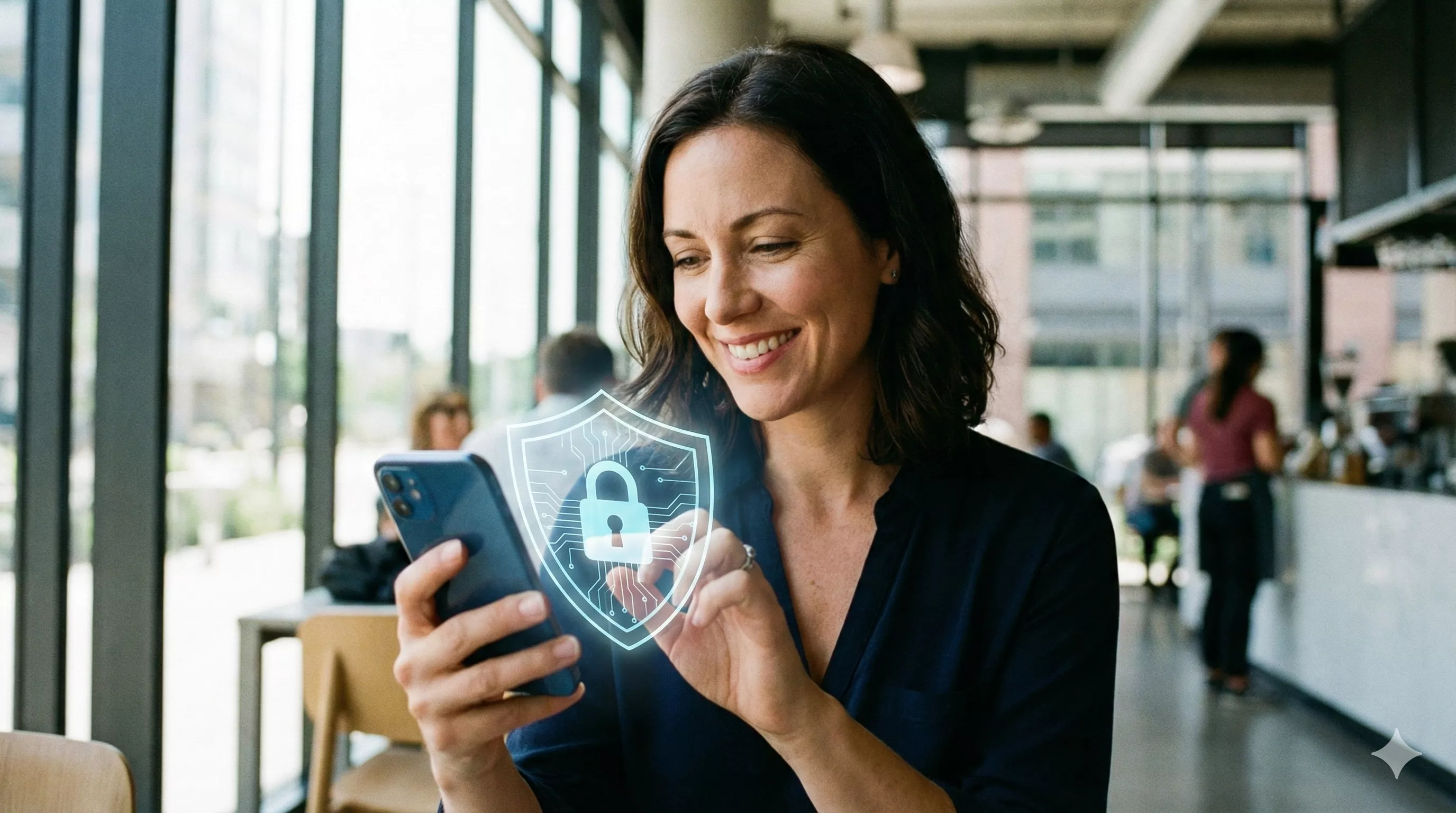 Mulher usando smartphone com expressão segura, com ícone de escudo digital sobreposto, simbolizando proteção de dados