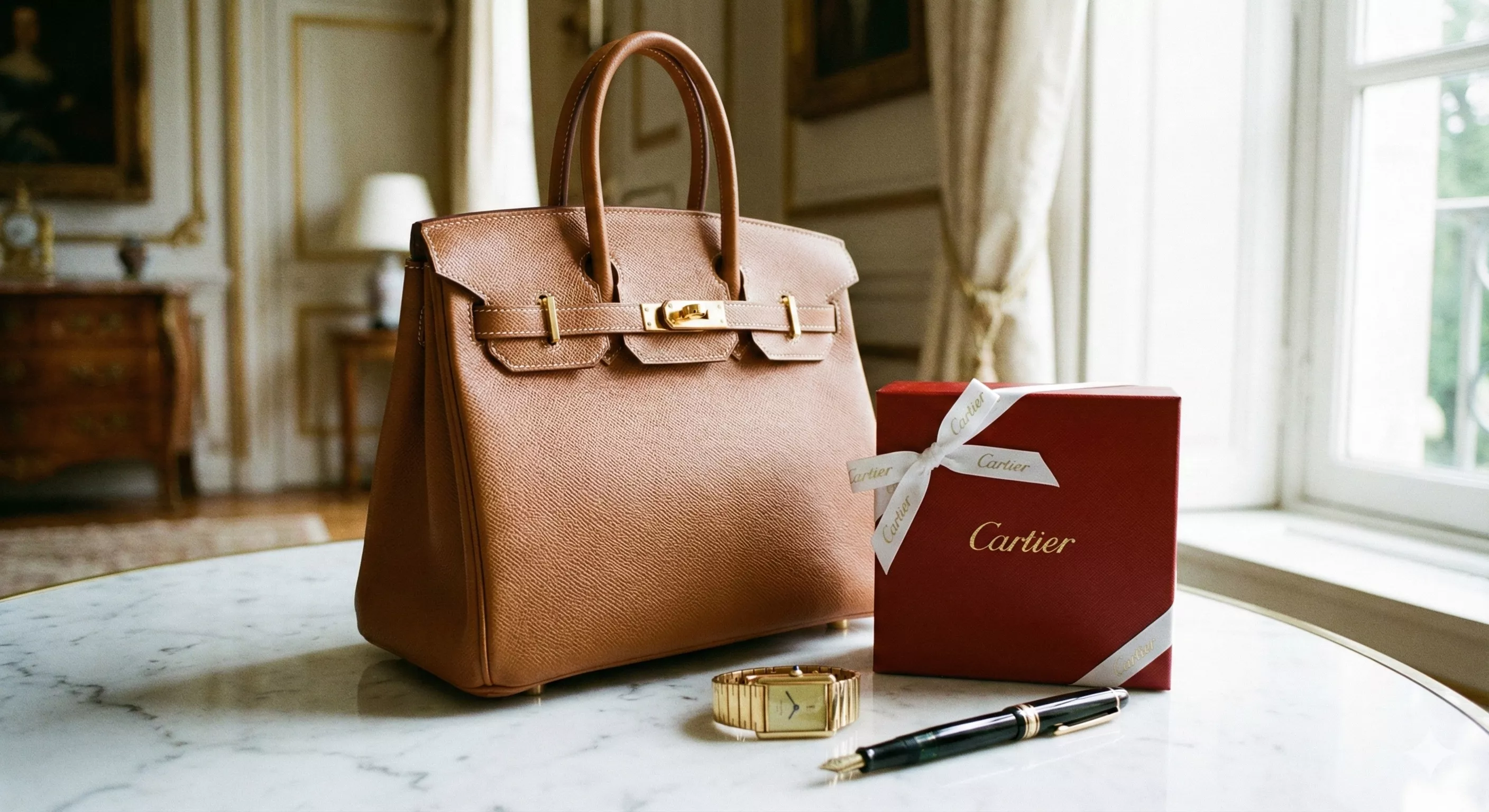Close-up de uma bolsa Hermès Birkin e uma caixa vermelha da Cartier sobre uma mesa de mármore, simbolizando luxo e investimento