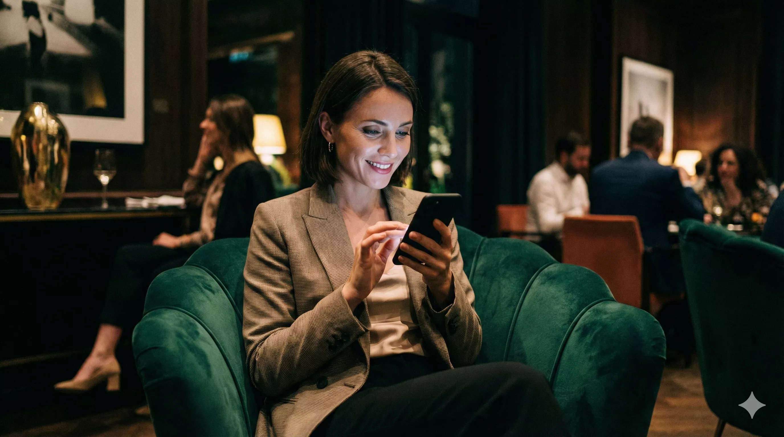 Mulher jovem e sofisticada sentada em uma poltrona de veludo em um lounge exclusivo, segurando um smartphone de última geração, sorrindo de forma confiante e misteriosa enquanto digita uma mensagem