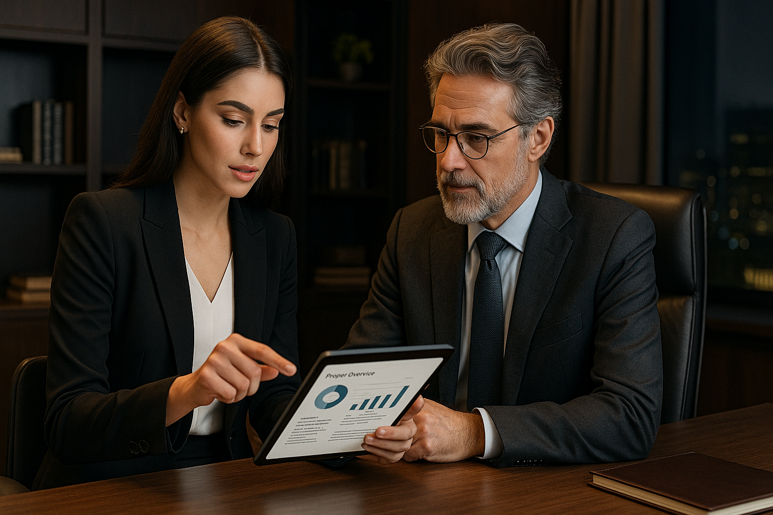 ulher jovem mostrando projeto em tablet para homem maduro em escritório executivo, ilustrando mentoria profissional