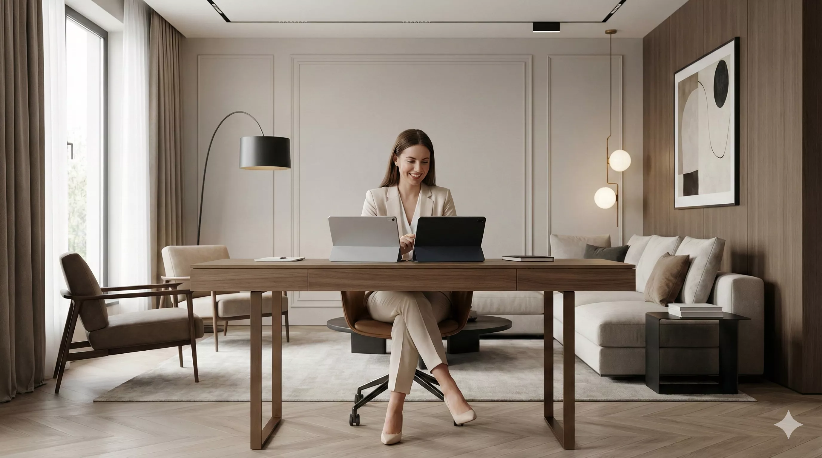 Mulher jovem e elegante em um escritório home office de luxo, analisando opções em dois tablets modernos com um sorriso de decisão, cercada por uma decoração minimalista e sofisticada