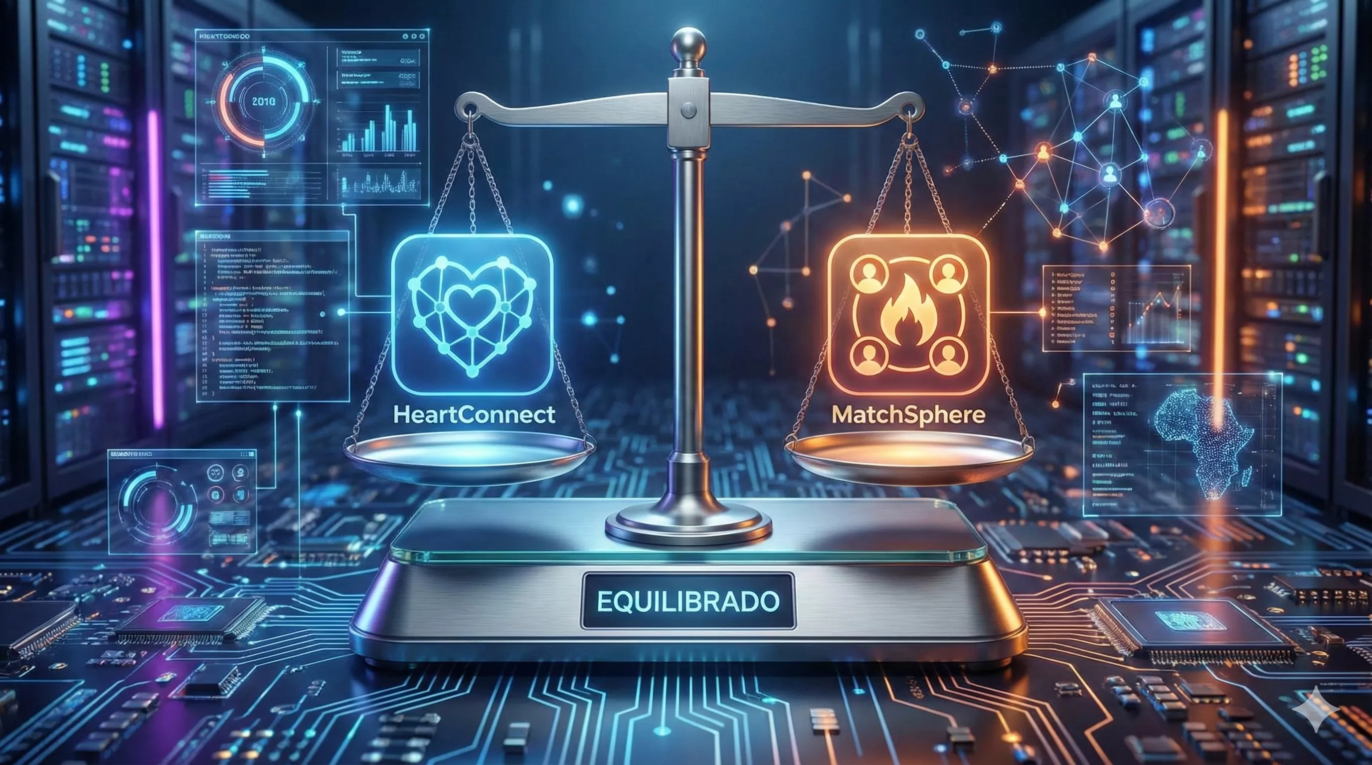 Balança digital equilibrando dois ícones de aplicativos em um fundo tecnológico, simbolizando a comparação entre plataformas de relacionamento