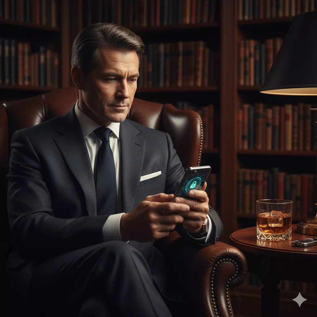 Homem de sucesso utilizando smartphone com segurança avançada em ambiente privado, representando a discrição e a proteção de dados no bebaby.