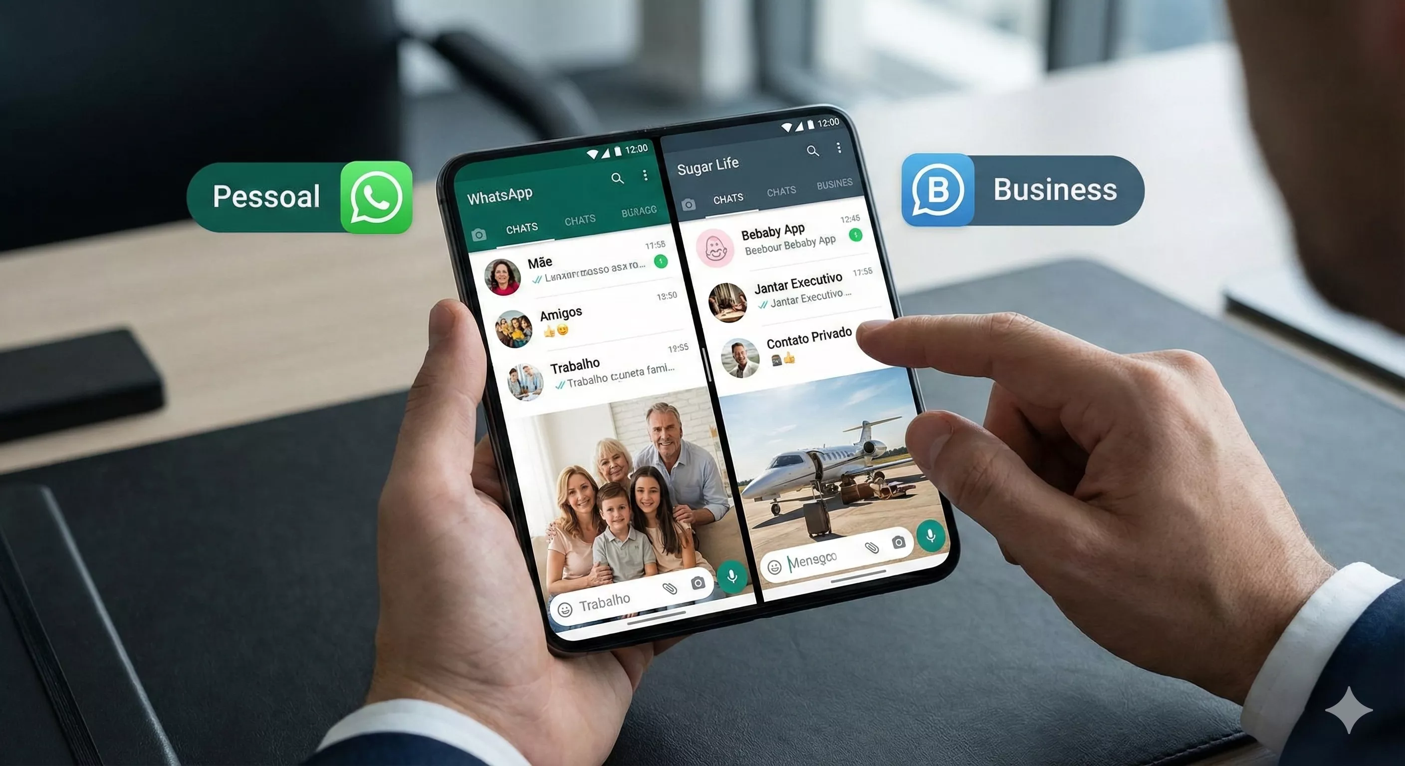 Smartphone mostrando duas contas de WhatsApp diferentes na mesma tela, simbolizando a separação entre vida pessoal e vida Sugar