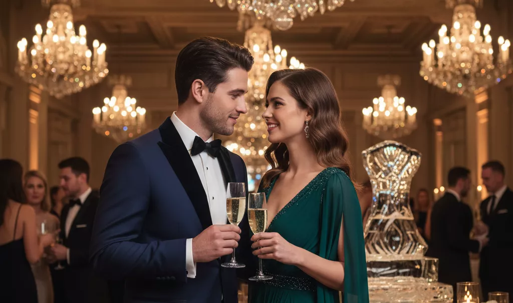 Casal jovem e sofisticado, ambos com trajes de gala modernos, conversando com sorrisos cúmplices em um evento de caridade luxuoso, segurando taças de champanhe de cristal, ambiente com iluminação de lustres clássicos e fotorrealismo impressionante.