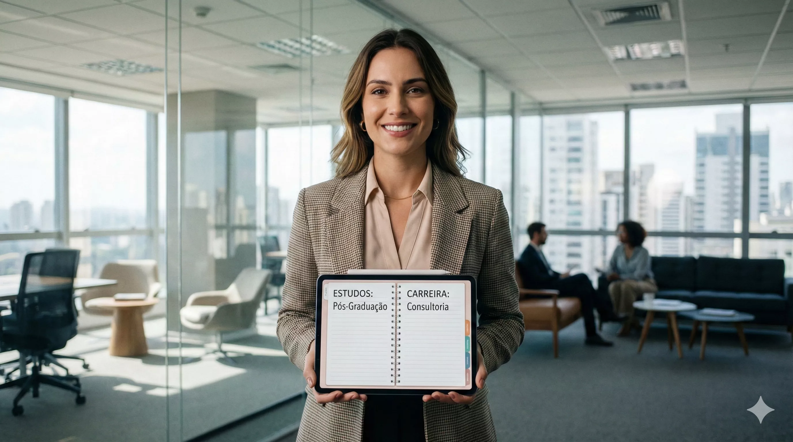 Mulher jovem e elegante em ambiente corporativo moderno, segurando um tablet e sorrindo com confiança, simbolizando a Sugar Baby focada em carreira e estudos